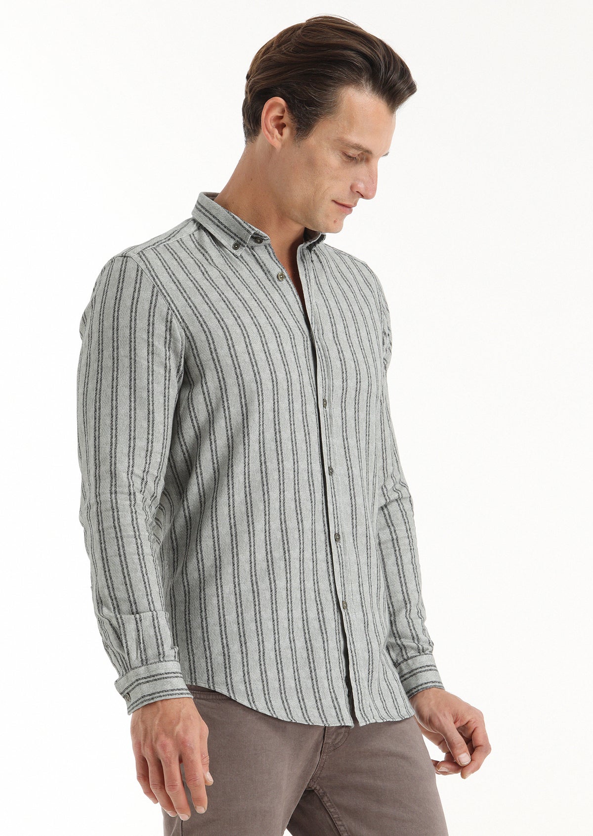 Haki Baskılı Regular Fit Uzun Dokuma Casual %100 Pamuk Gömlek