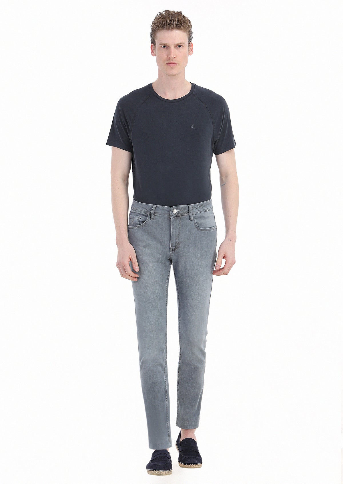 Gri Düz Slim Fit Denim Pamuk Karışımlı Pantolon