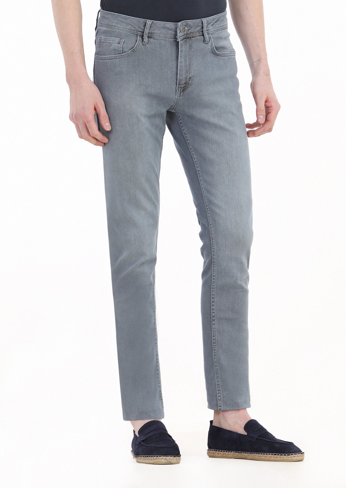 Gri Düz Slim Fit Denim Pamuk Karışımlı Pantolon