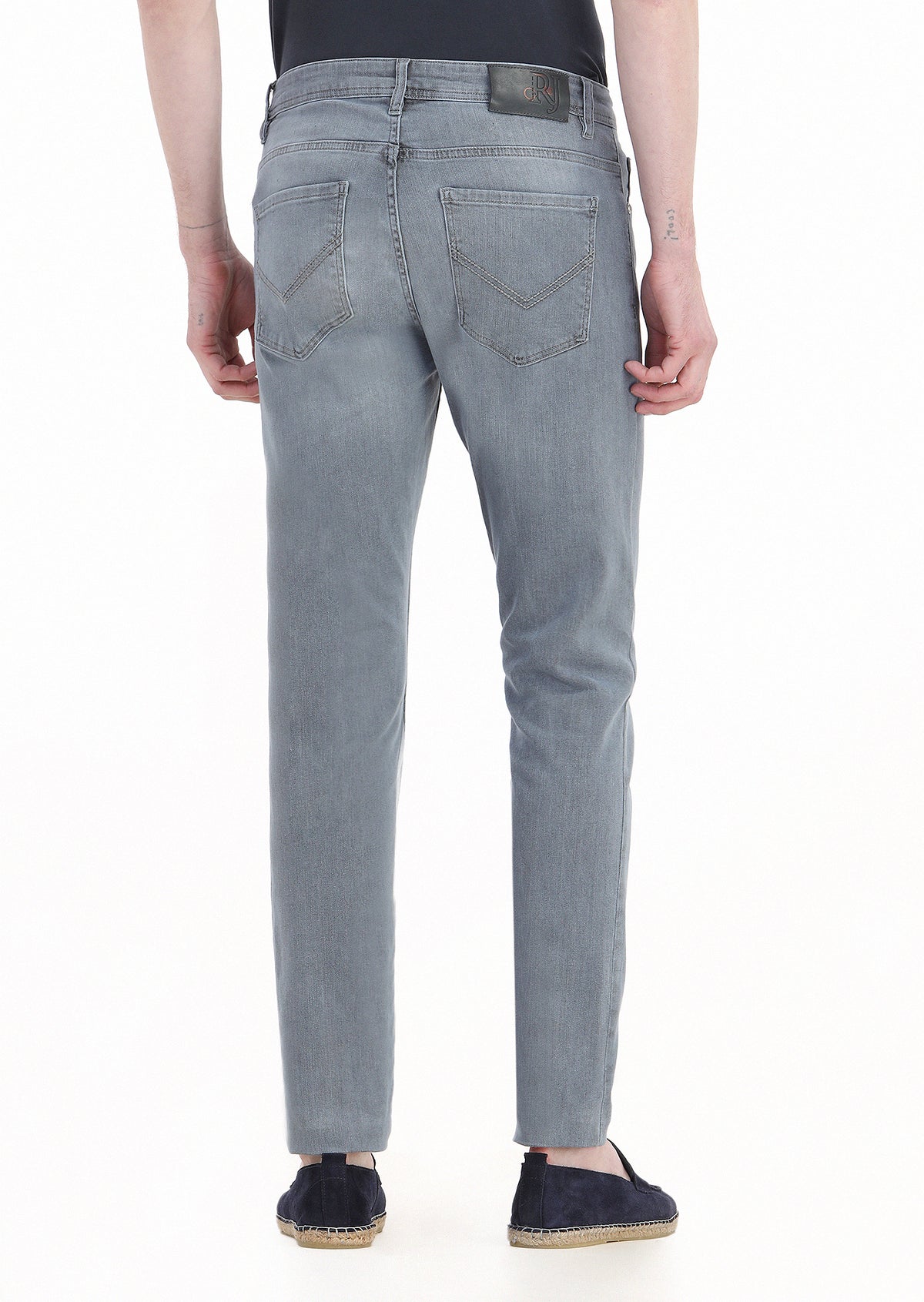 Gri Düz Slim Fit Denim Pamuk Karışımlı Pantolon