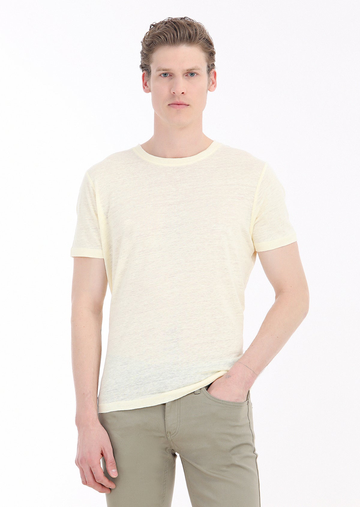 Sarı Düz Bisiklet Yaka %100 Keten T-Shirt