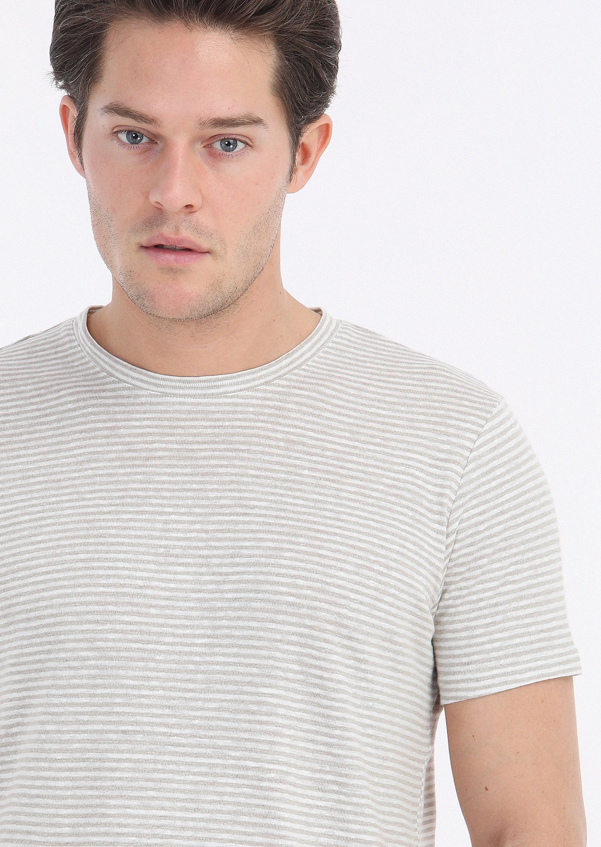 Bej Çizgili Bisiklet Yaka %100 Keten T-Shirt