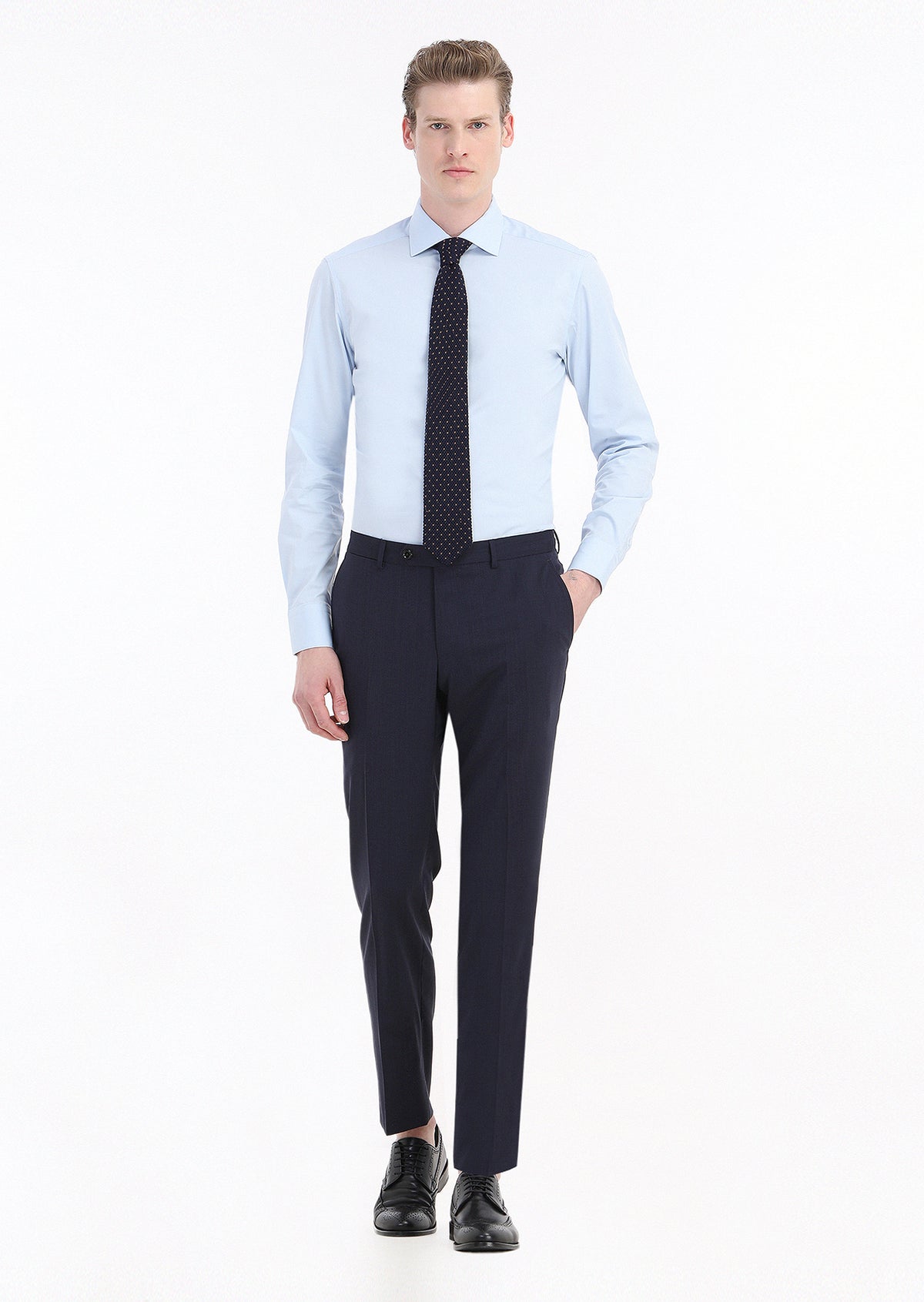 Mavi Düz Slim Fit Uzun Dokuma Klasik Pamuk Karışımlı Gömlek