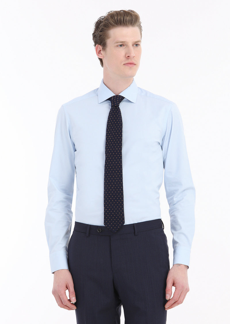 Mavi Düz Slim Fit Uzun Dokuma Klasik Pamuk Karışımlı Gömlek