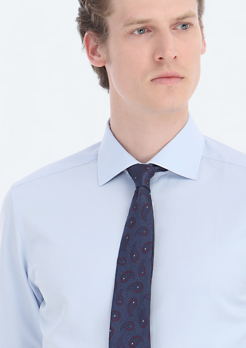 Açık Mavi Düz Slim Fit Uzun Dokuma Klasik Pamuk Karışımlı Gömlek