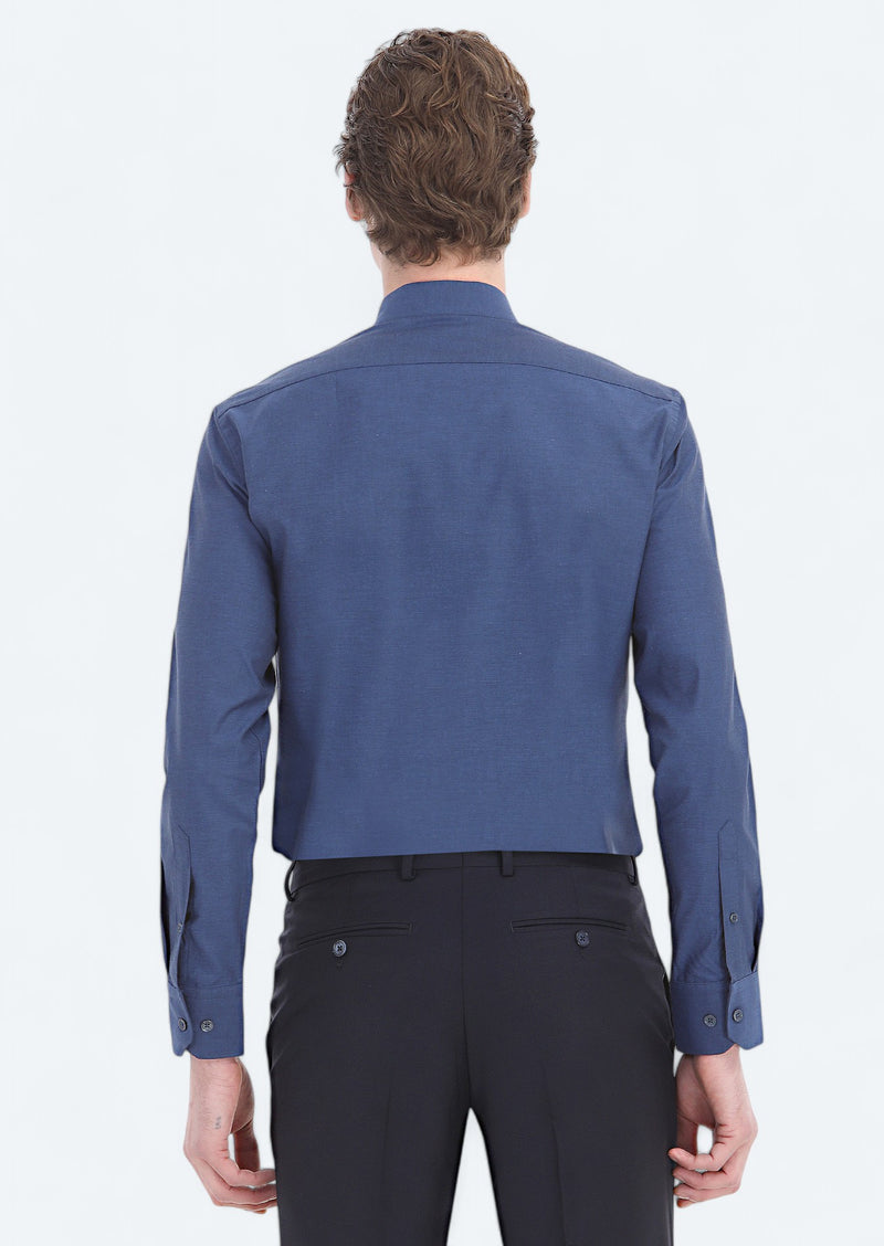 Lacivert Düz Slim Fit Uzun Dokuma Klasik Pamuk Karışımlı Gömlek