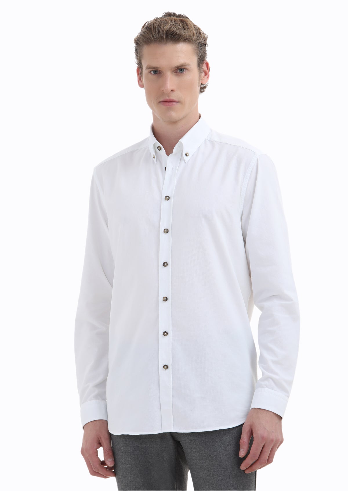 Beyaz Fitilli Regular Fit Uzun Dokuma Kadife Casual %100 Pamuk Gömlek