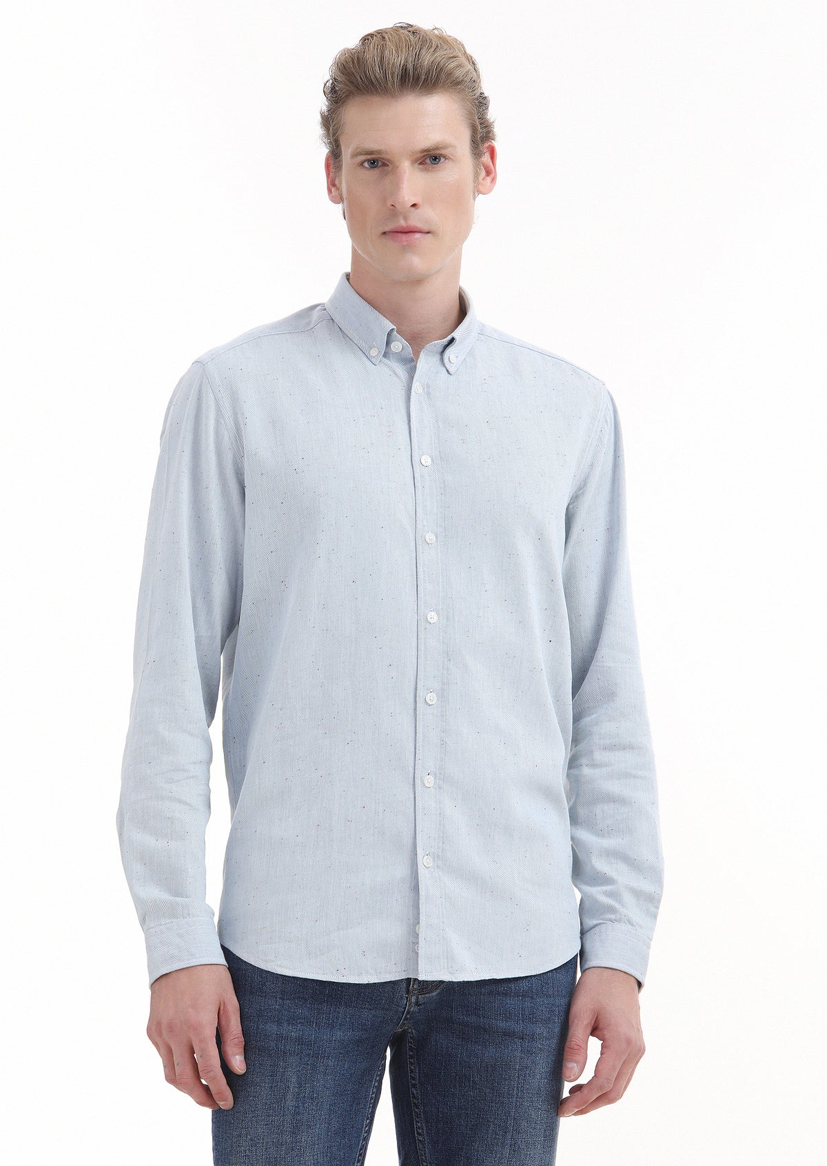Blue Plain Regular Fit Long Weaving Casual 100% Cotton Shirt