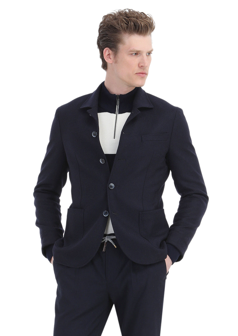 Lacivert Düz Shirt Shoulder Slim Fit Yün Karışımlı Ceket
