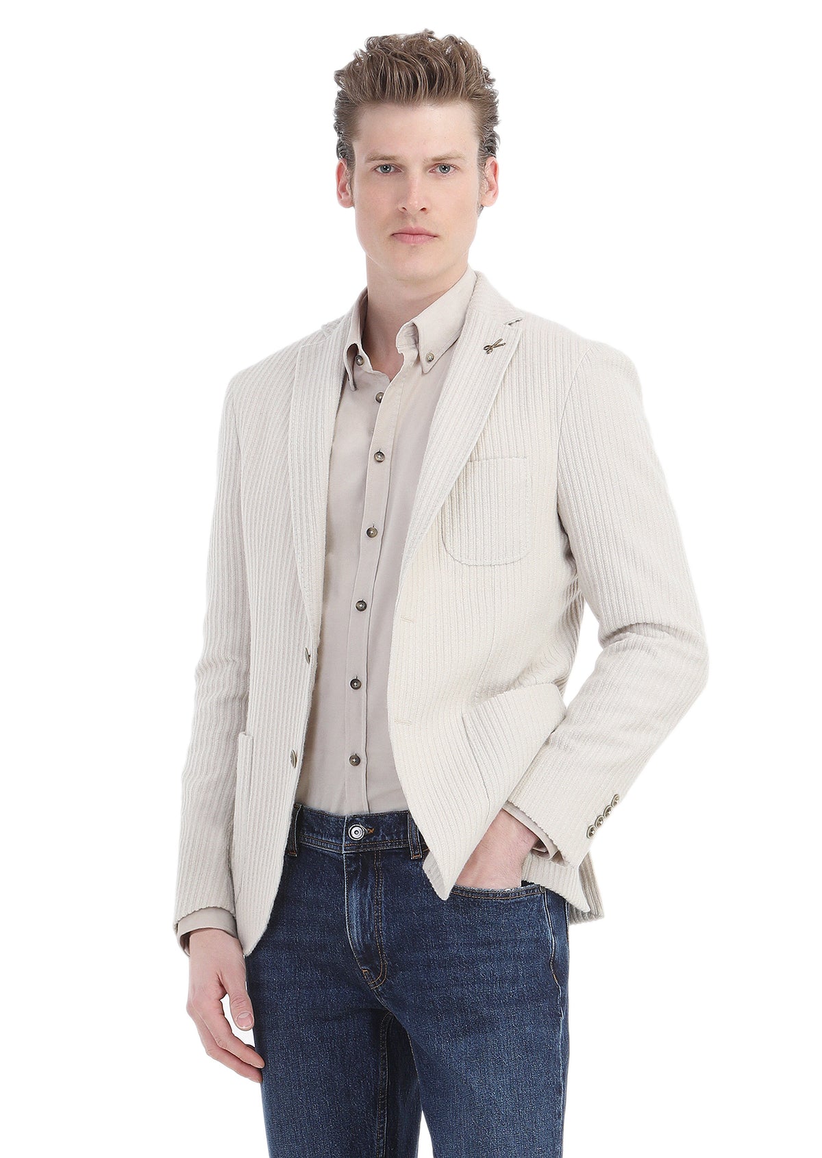 Ekru Çizgili Shirt Shoulder Slim Fit Yün Karışımlı Ceket