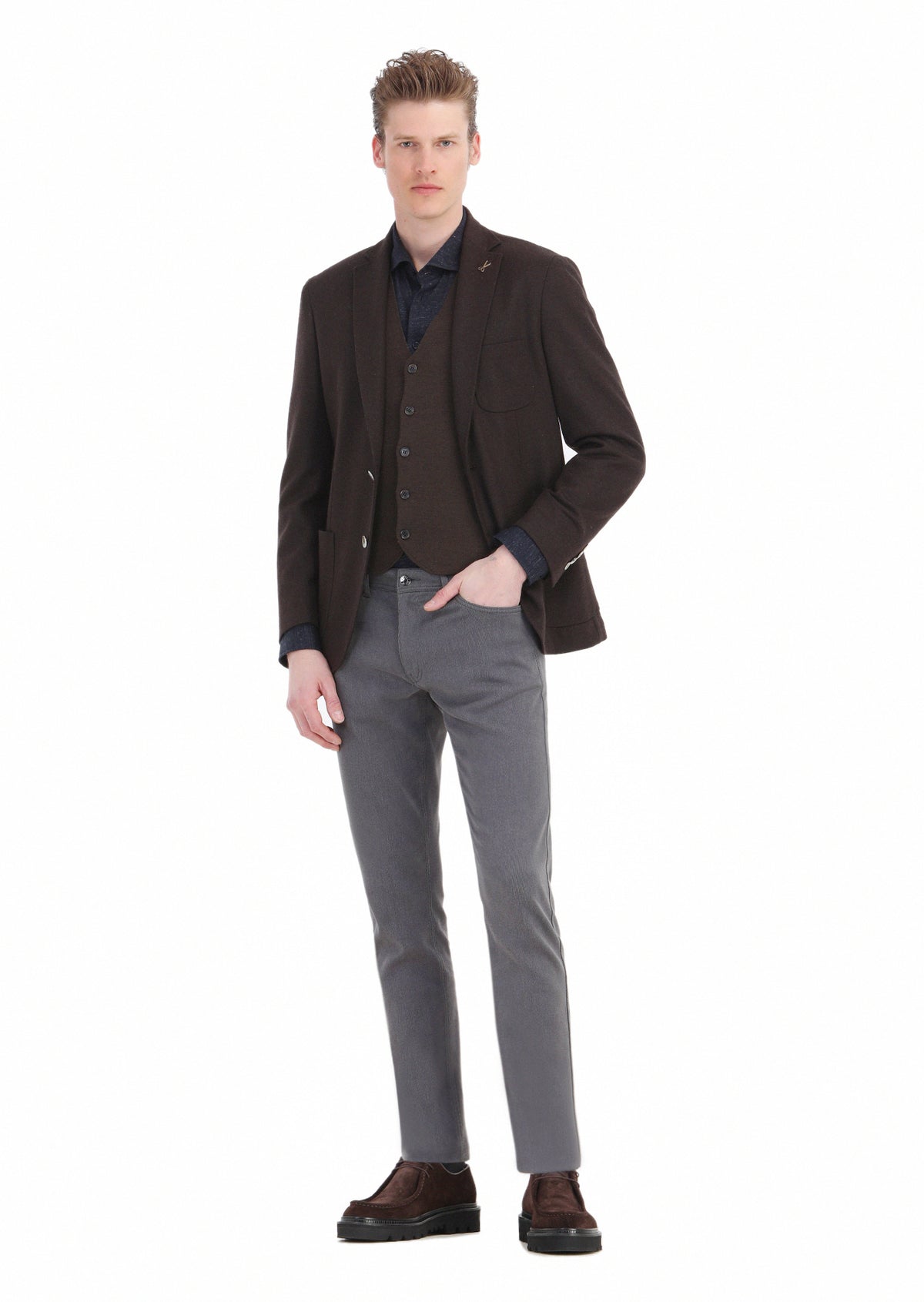 Kahverengi Düz Shirt Shoulder Slim Fit Yün Karışımlı Örme Ceket
