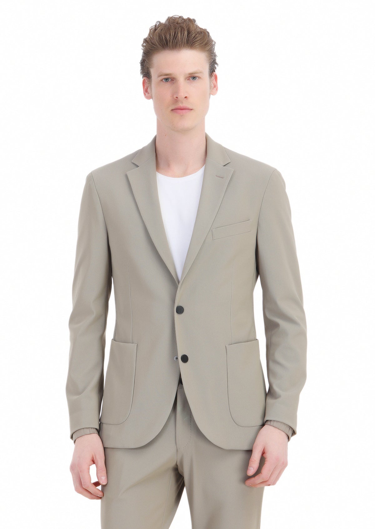 Bej Desenli Comfort Fit Örme Takım Elbise