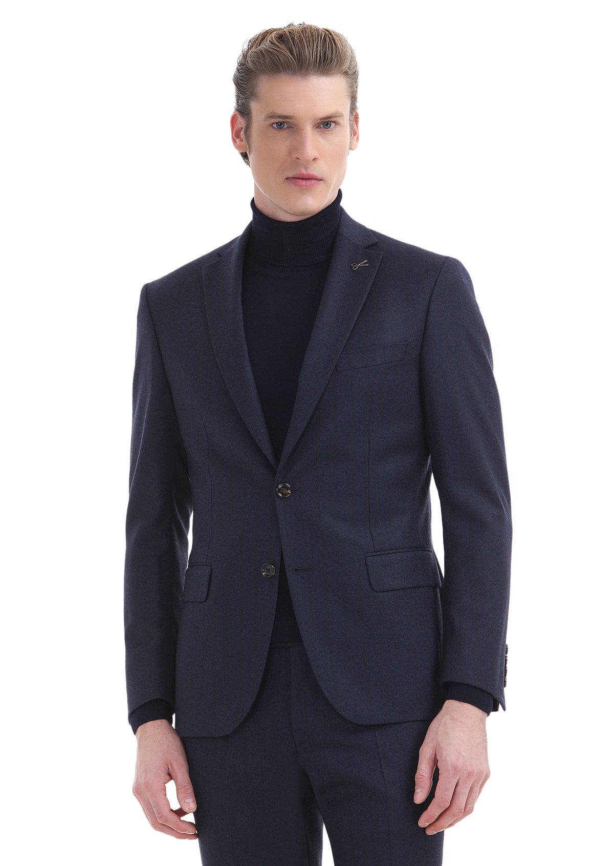 Lacivert Çizgili Zeroweight Slim Fit Yün Karışımlı Takım Elbise