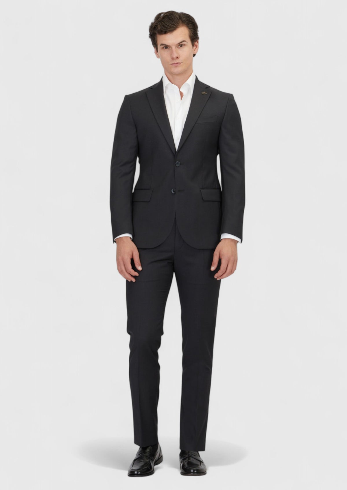 Siyah Çizgili Modern Fit %100 Yün Takım Elbise