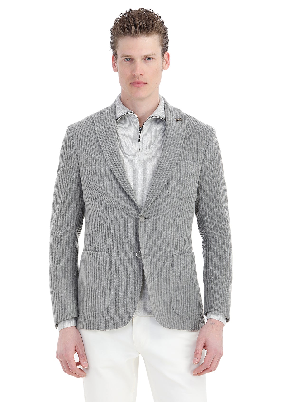 Açık Kahve Çizgili Shirt Shoulder Slim Fit Yün Karışımlı Ceket