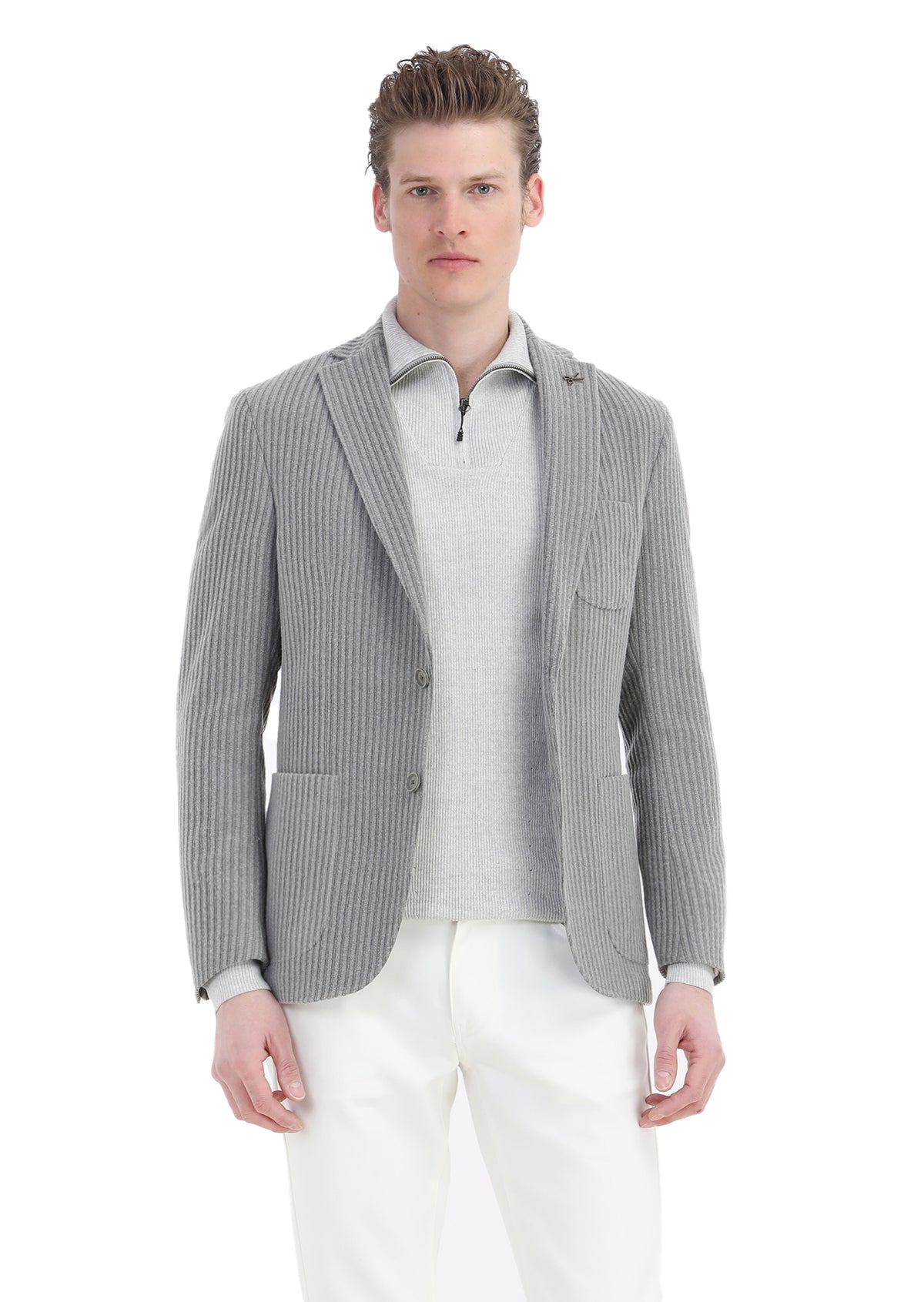 Açık Kahve Çizgili Shirt Shoulder Slim Fit Yün Karışımlı Ceket