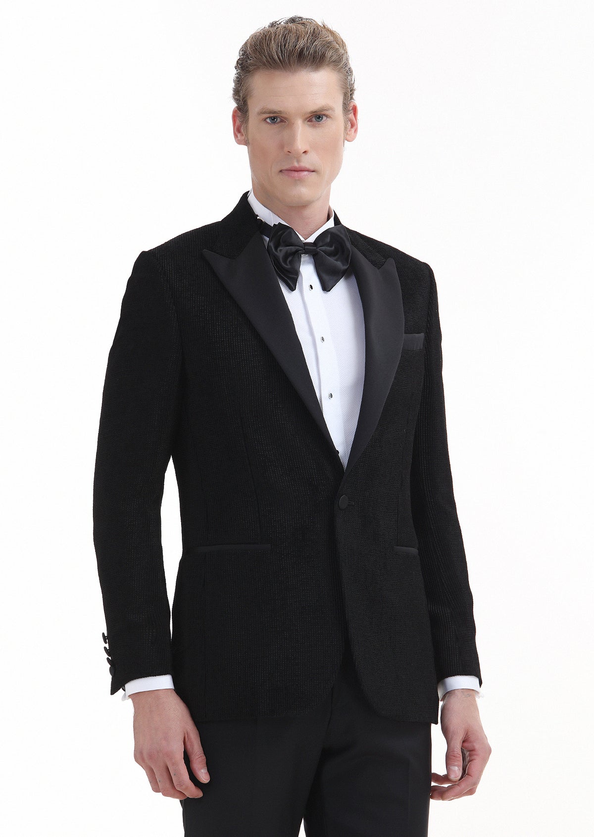 Siyah Desenli Thin&taller Slim Fit Kruvaze Yaka Dokuma Smokin Takım Elbise