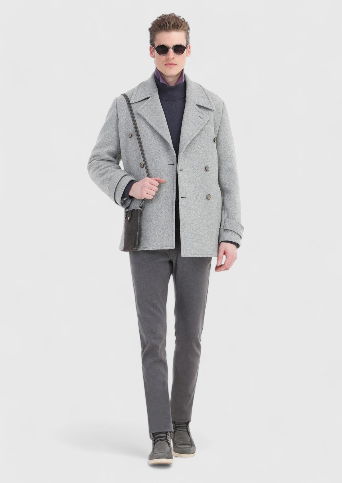 Gri Slim Fit Kruvaze Yaka Örme Palto