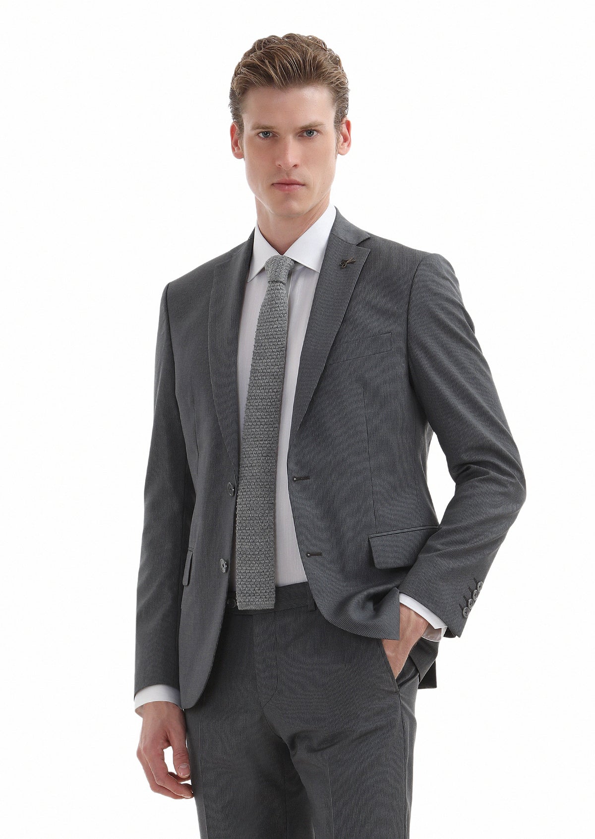 Gri Çizgili Zeroweight Slim Fit %100 Yün Takım Elbise
