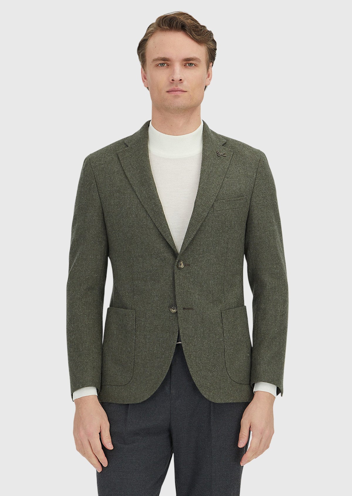 Haki Düz Shirt Shoulder Slim Fit Yün Karışımlı Ceket