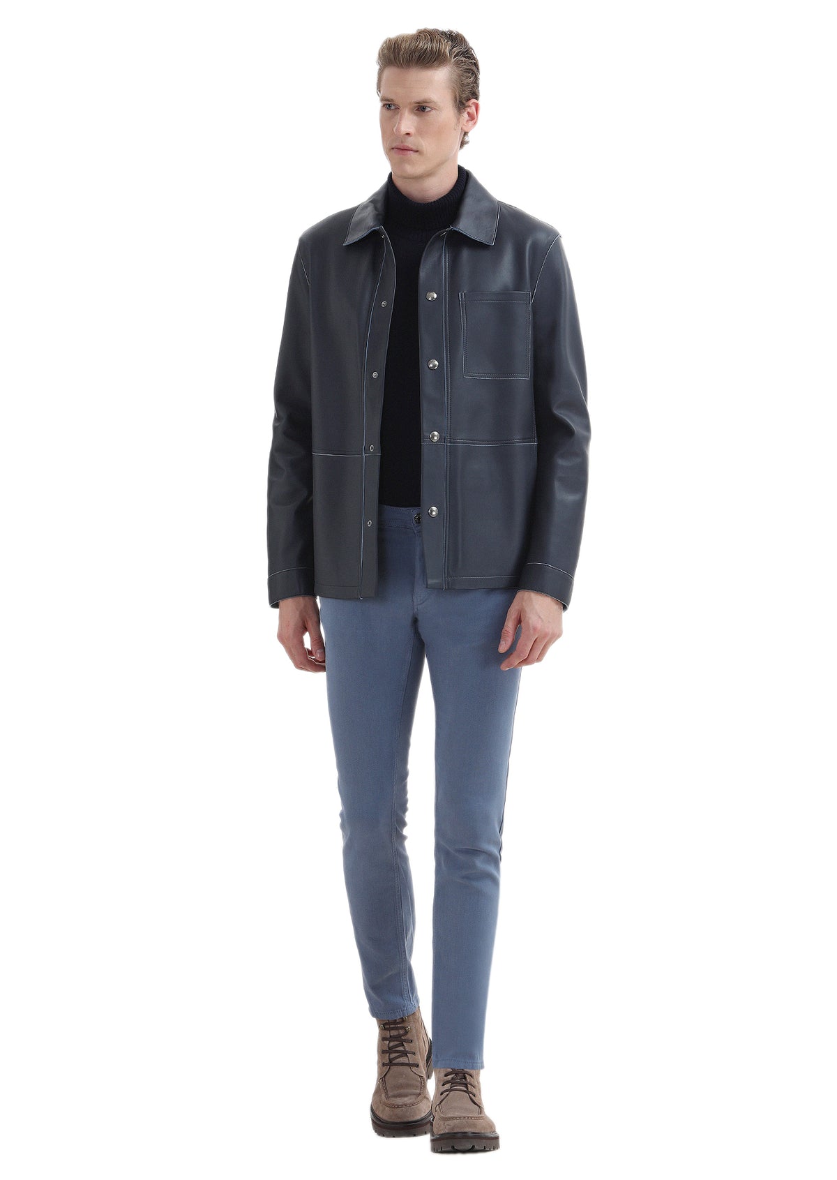 İndigo Desenli Dokuma Slim Fit Casual Pamuk Karışımlı Pantolon