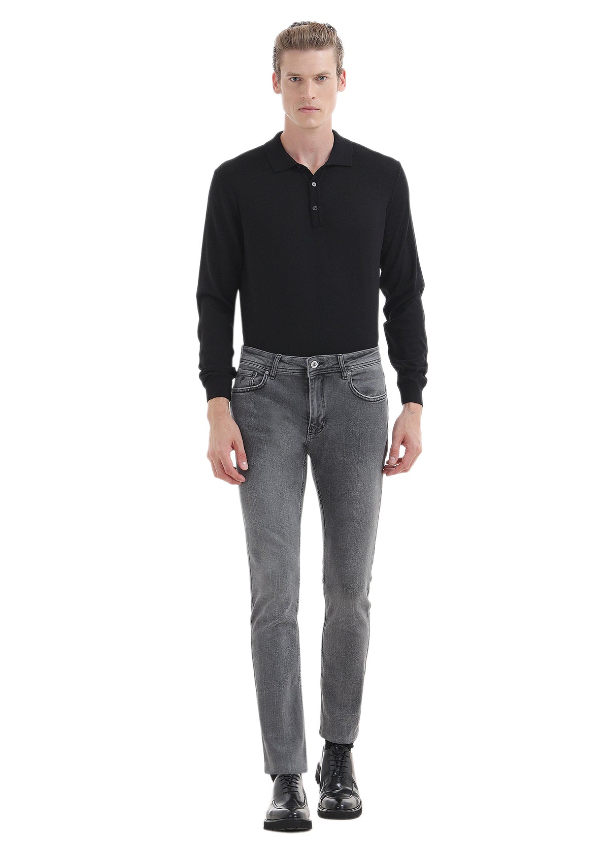 Gri Düz Slim Fit Denim Pamuk Karışımlı Pantolon