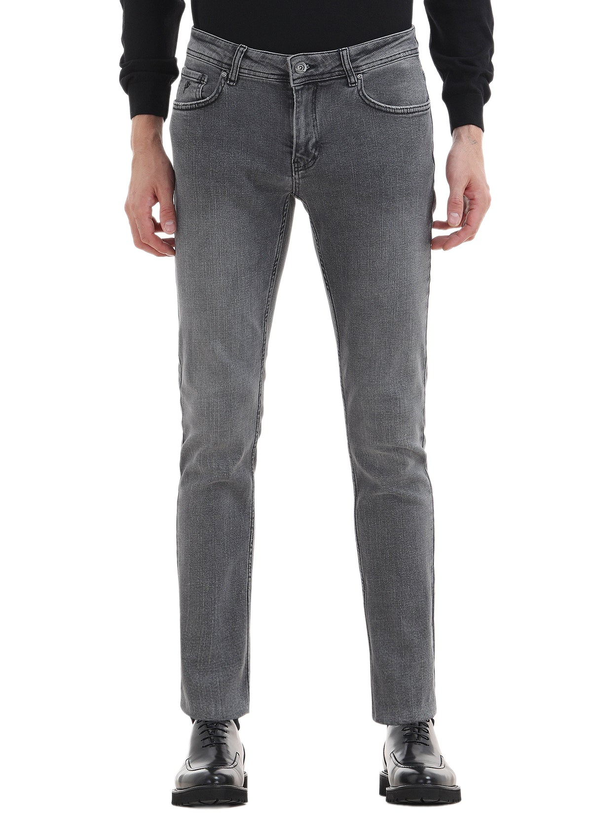 Gri Düz Slim Fit Denim Pamuk Karışımlı Pantolon