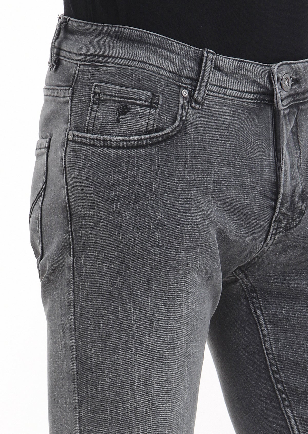 Gri Düz Slim Fit Denim Pamuk Karışımlı Pantolon