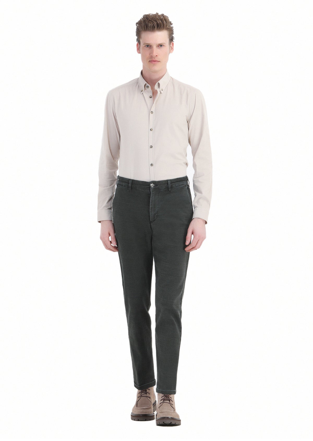 Haki Düz Slim Fit Denim Pamuk Karışımlı Pantolon