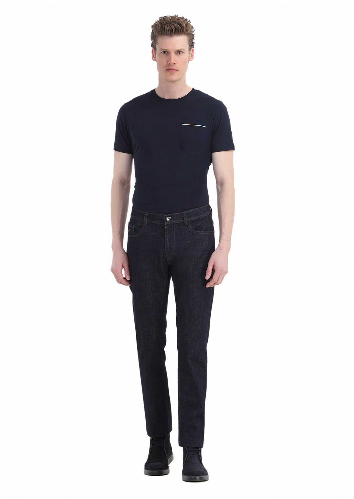 Lacivert Düz Slim Fit Denim Pamuk Karışımlı Pantolon
