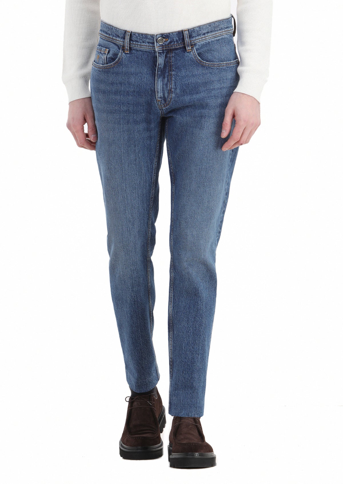 İndigo Düz Regular Fit Denim Pamuk Karışımlı Pantolon