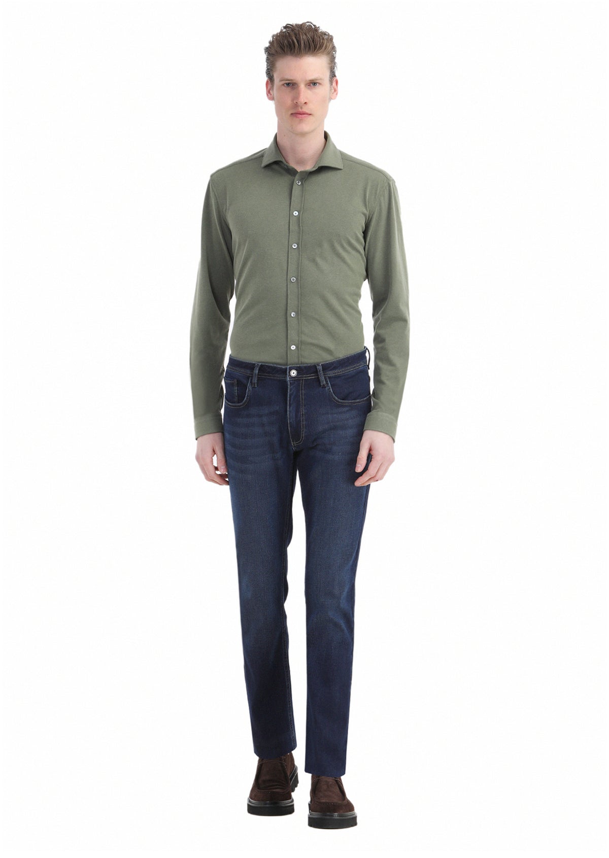 İndigo Düz Slim Fit Denim Pamuk Karışımlı Pantolon