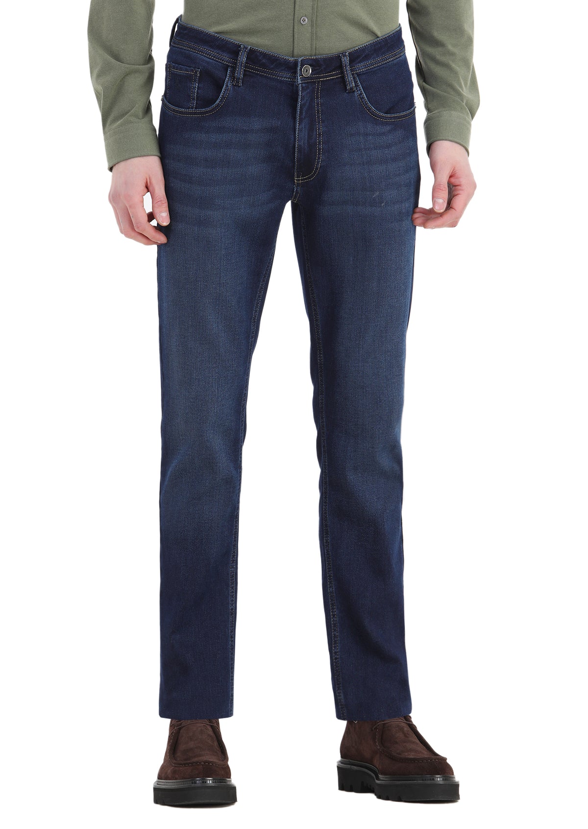 İndigo Düz Slim Fit Denim Pamuk Karışımlı Pantolon