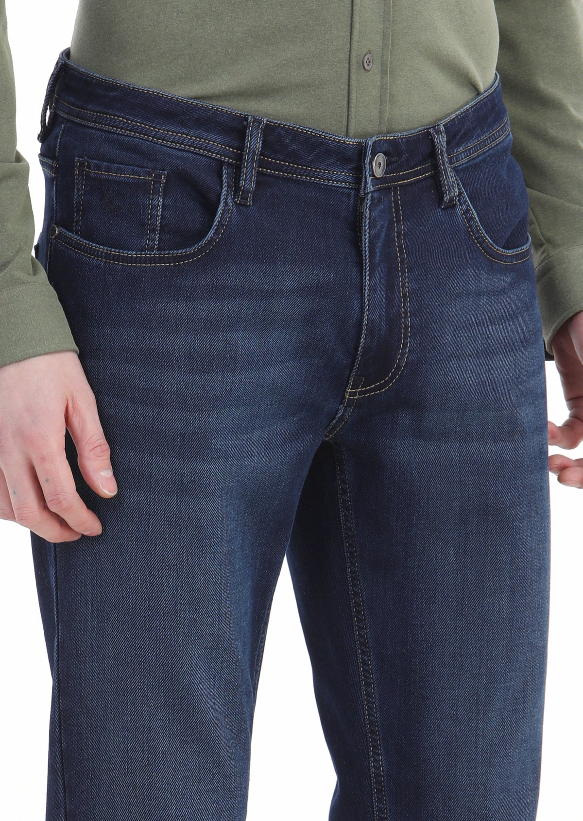 İndigo Düz Slim Fit Denim Pamuk Karışımlı Pantolon