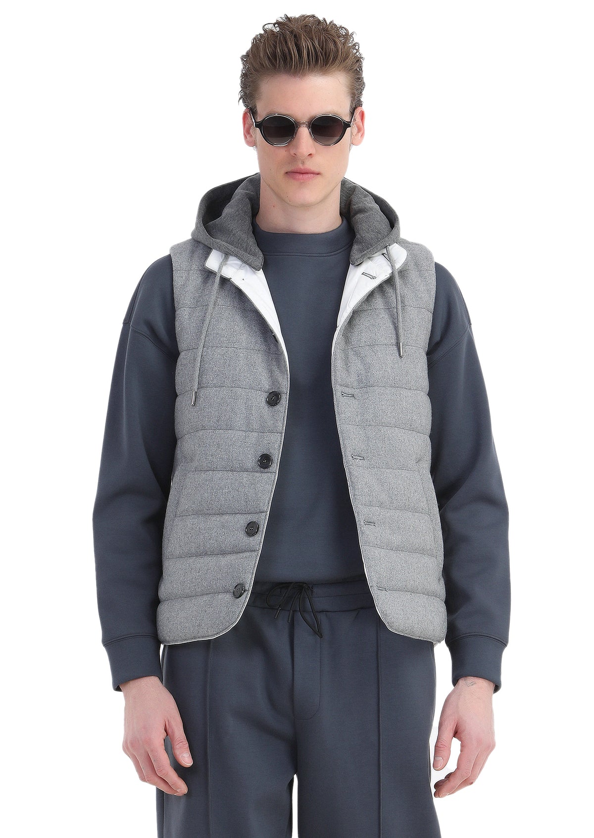 Açık Gri Regular Fit Kapüşonlu Casual Dokuma Spor Yelek