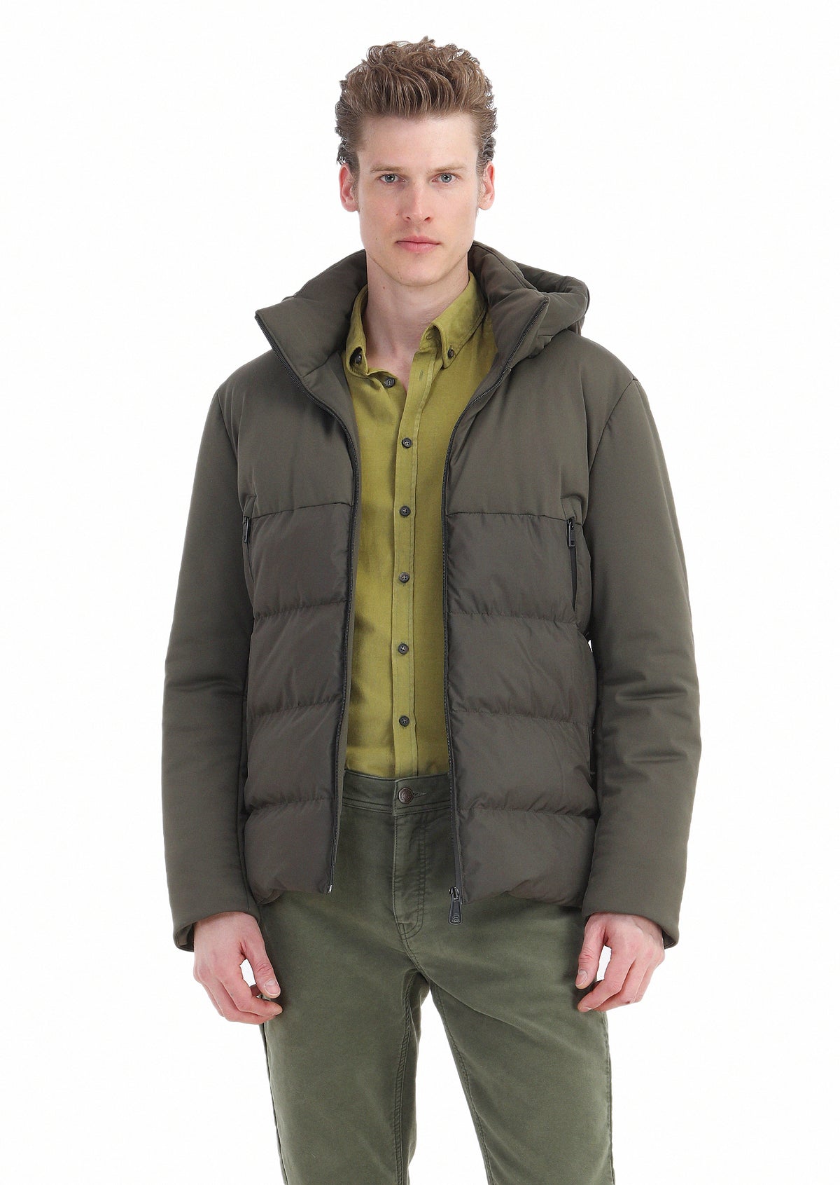 Haki Regular Fit Kapüşonlu Casual Dokuma Mont