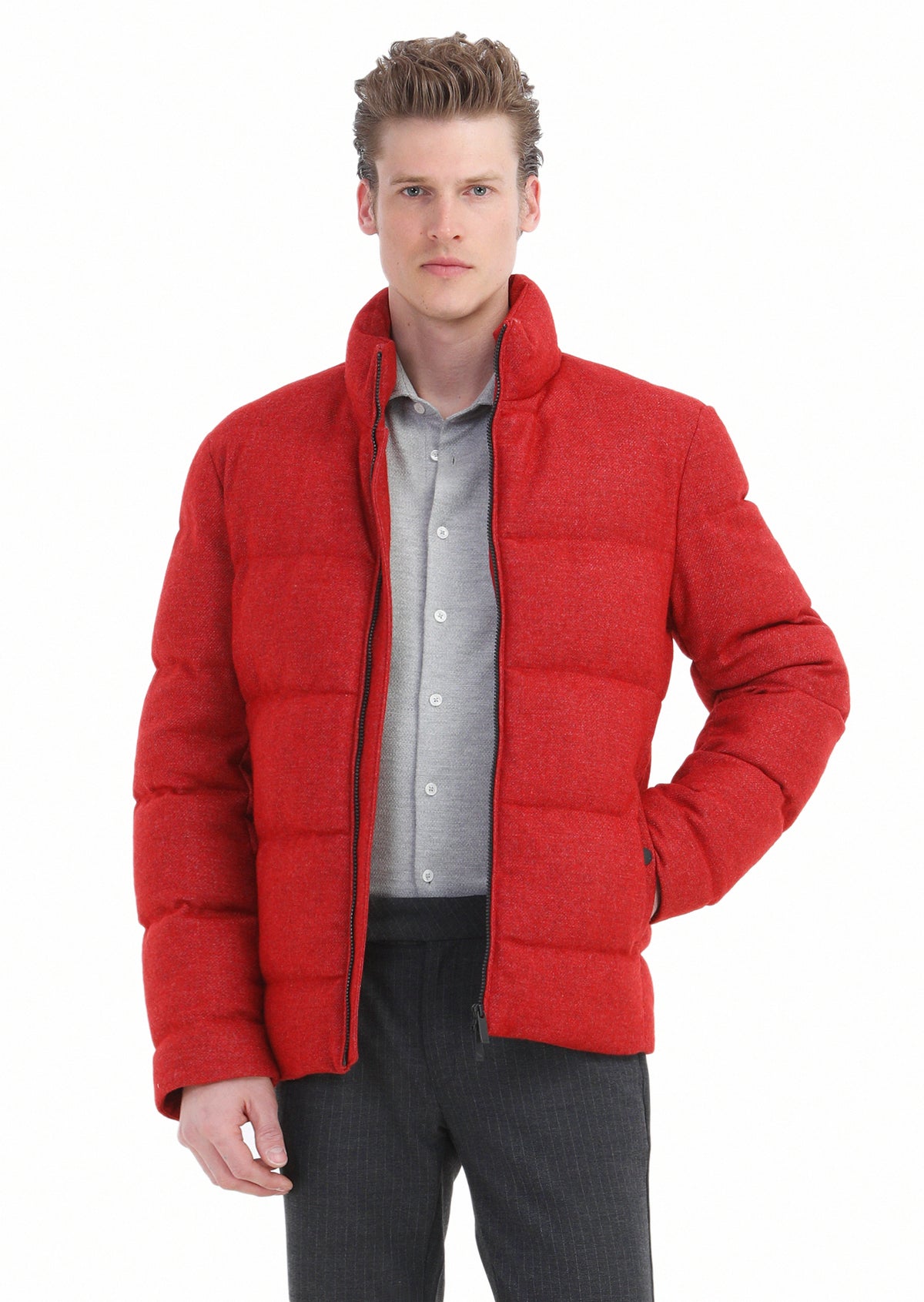 Kırmızı Regular Fit Dik Yaka Dokuma Mont