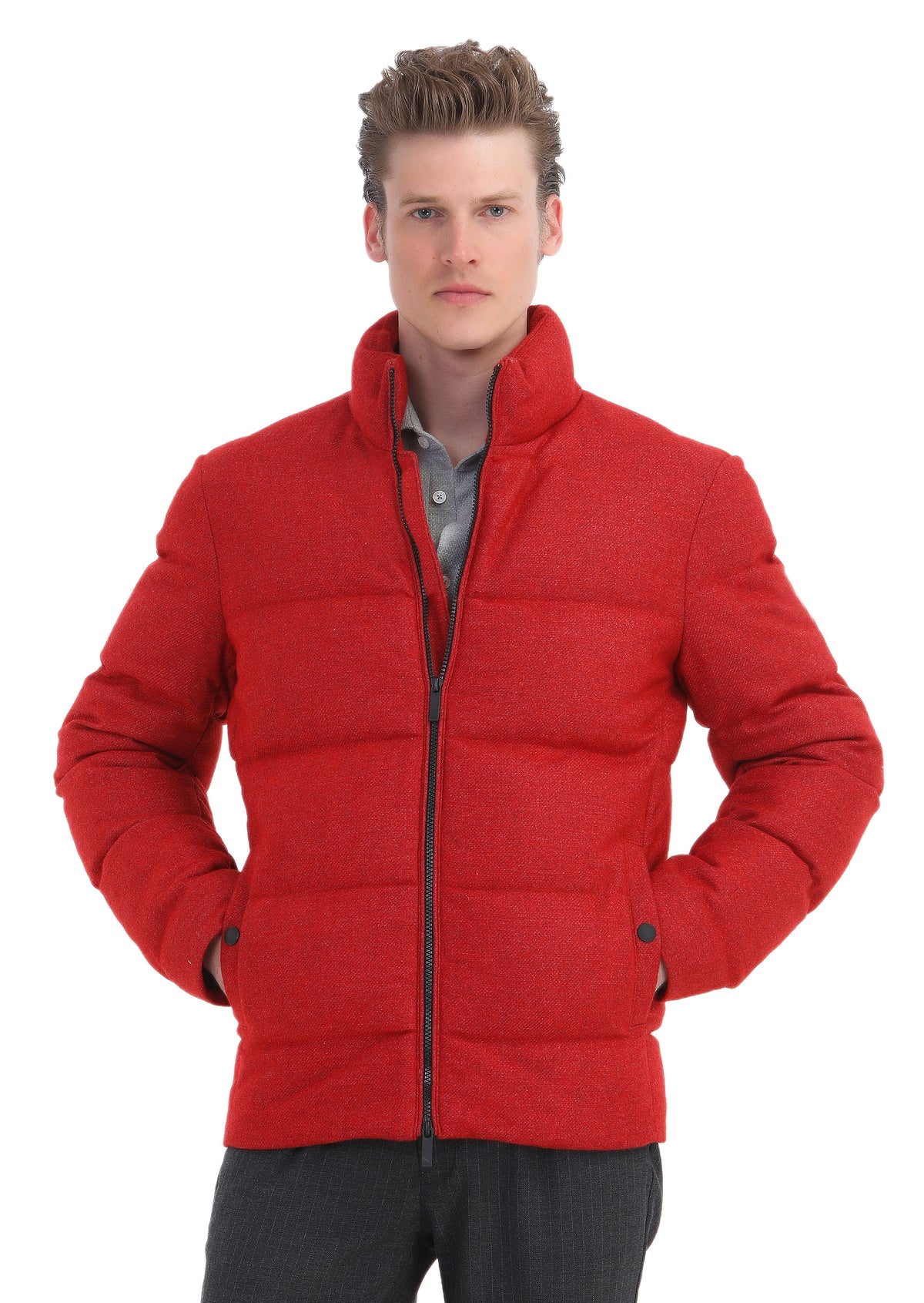 Kırmızı Regular Fit Dik Yaka Casual Dokuma Mont