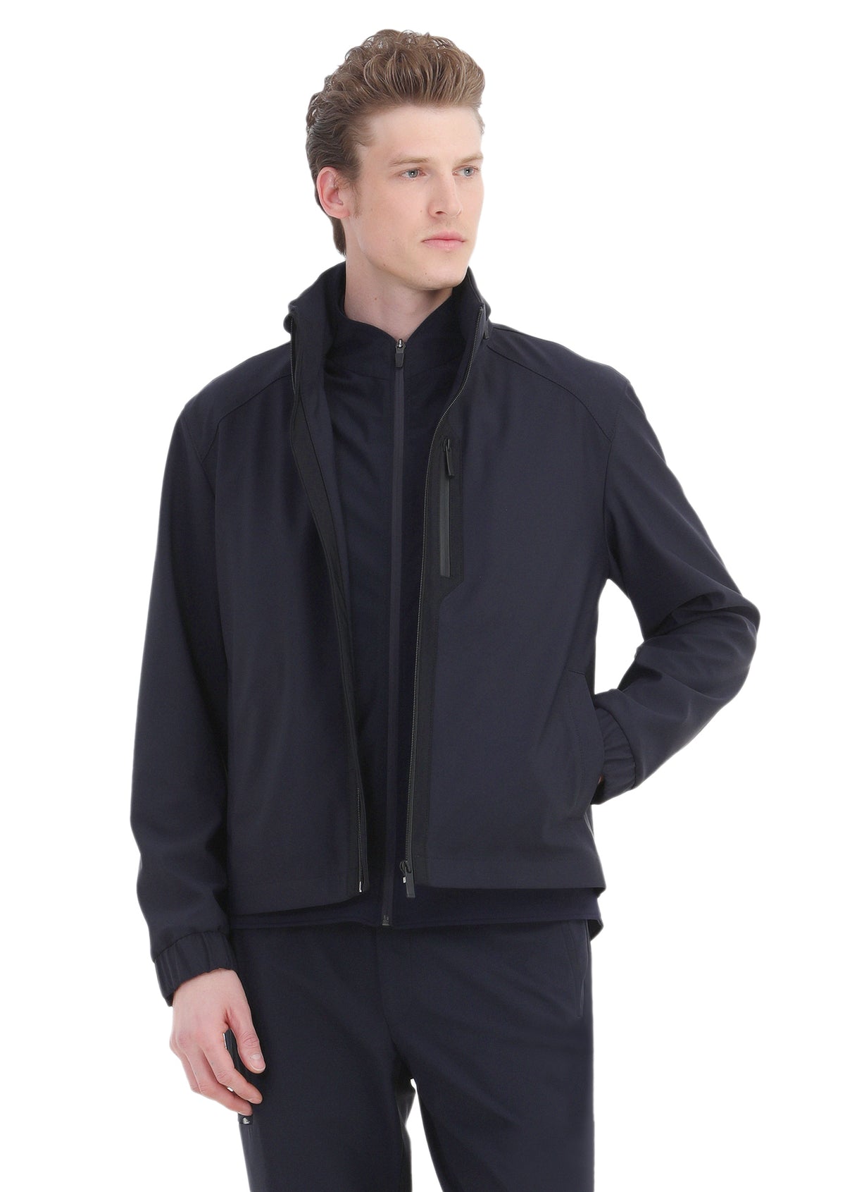 Lacivert Comfort Fit Kapüşonlu Spor Dokuma Mont