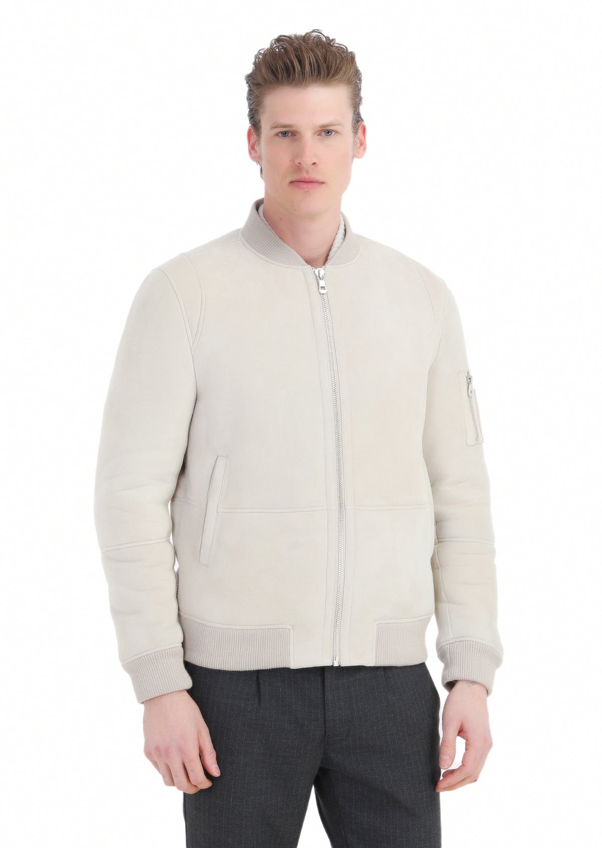 Bej Regular Fit Dik Yaka Casual Kürk Deri Mont