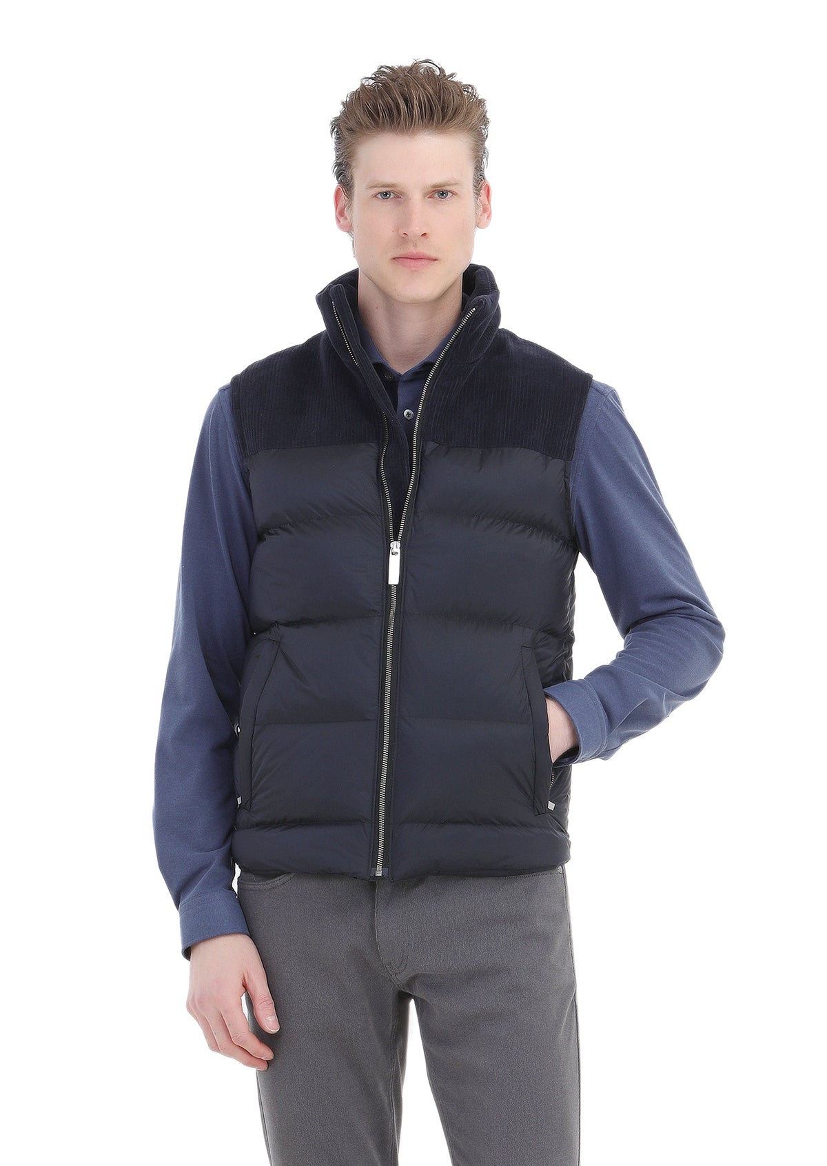 Lacivert Regular Fit Dik Yaka Dokuma Spor Yelek