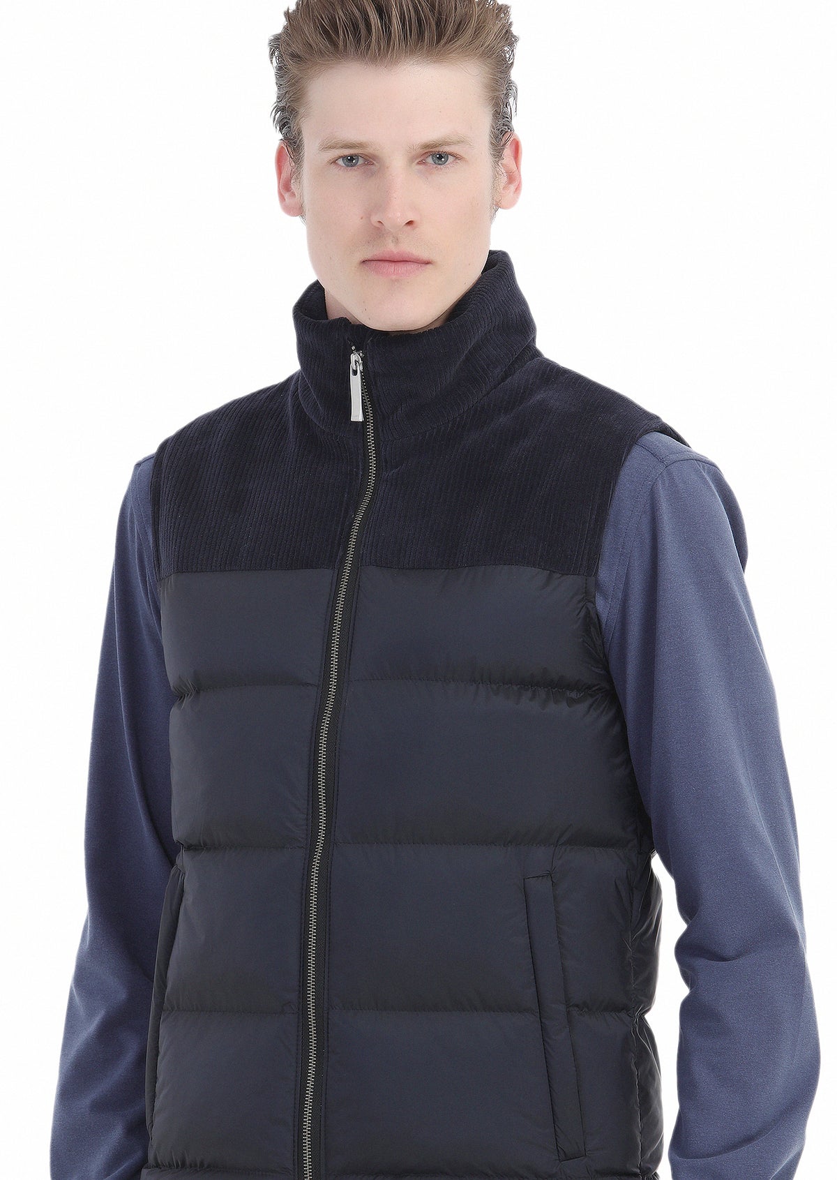 Lacivert Regular Fit Dik Yaka Casual Dokuma Spor Yelek