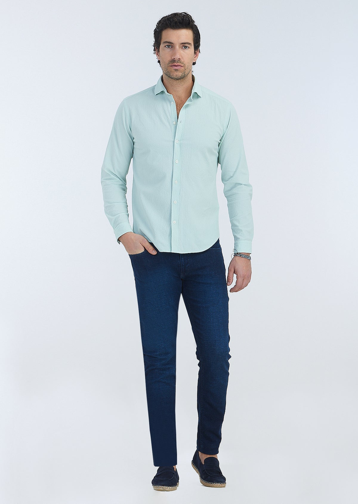 Mint Çizgili Regular Fit Uzun Dokuma Casual Pamuk Karışımlı Gömlek