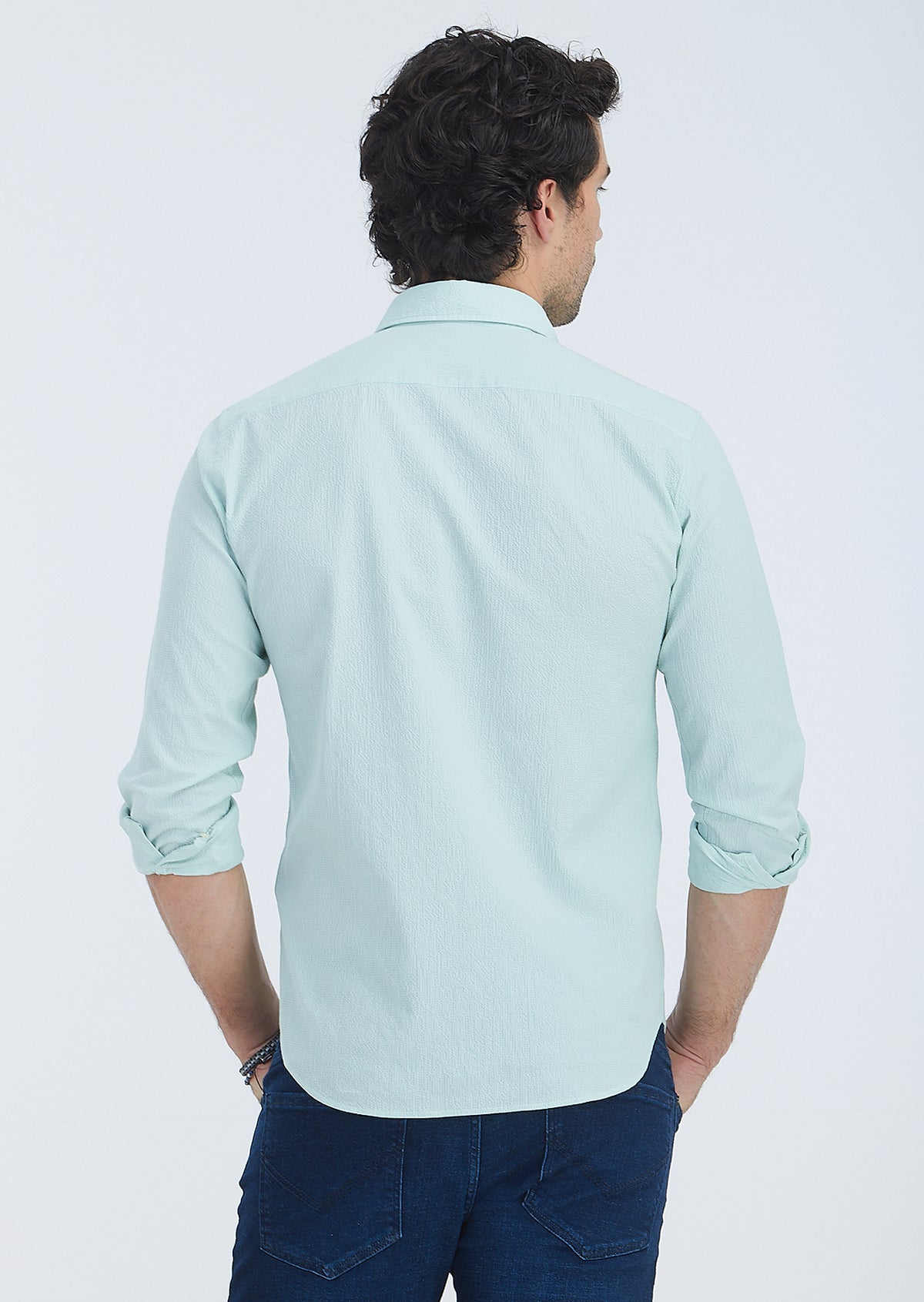 Mint Çizgili Regular Fit Uzun Dokuma Casual Pamuk Karışımlı Gömlek