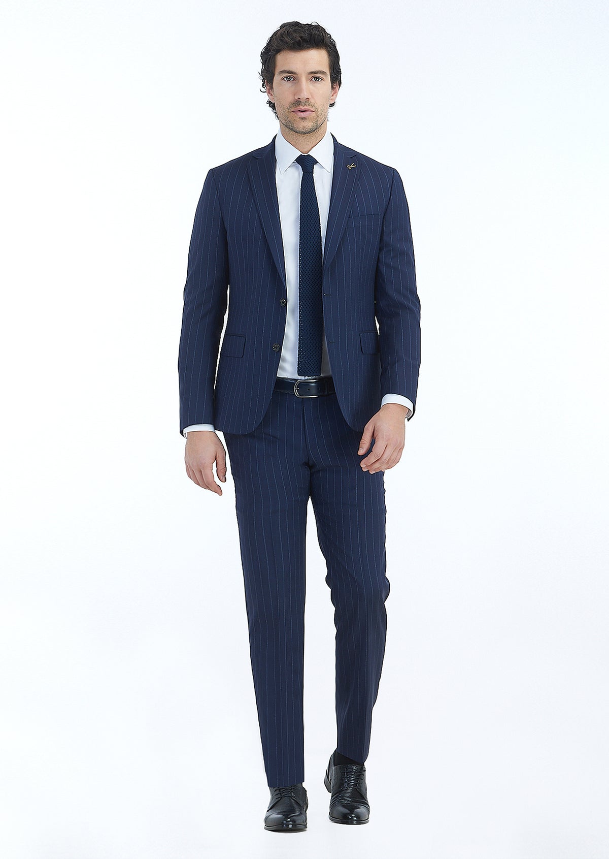 Lacivert Çizgili Zeroweight Slim Fit %100 Yün Takım Elbise