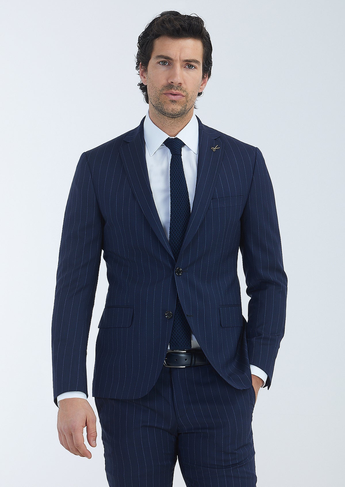 Lacivert Çizgili Zeroweight Slim Fit %100 Yün Takım Elbise