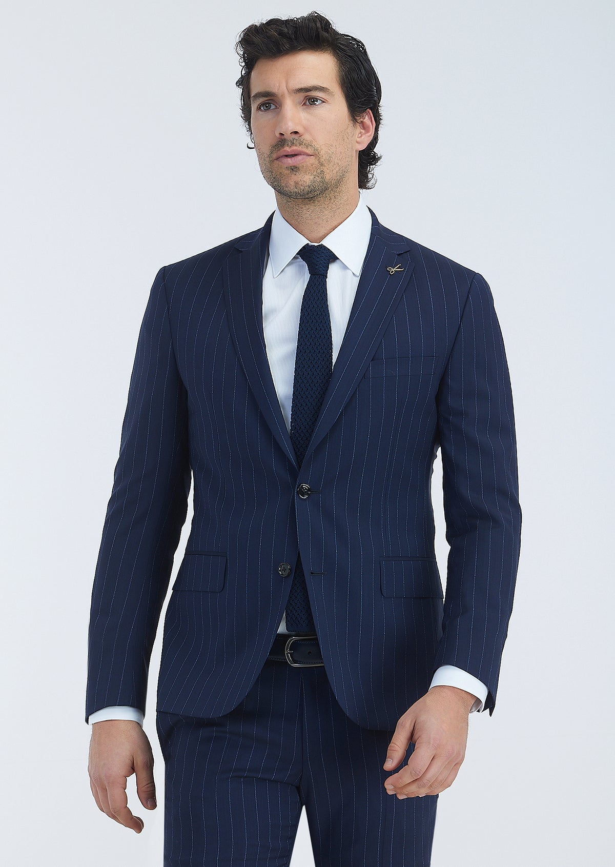 Lacivert Çizgili Zeroweight Slim Fit %100 Yün Takım Elbise