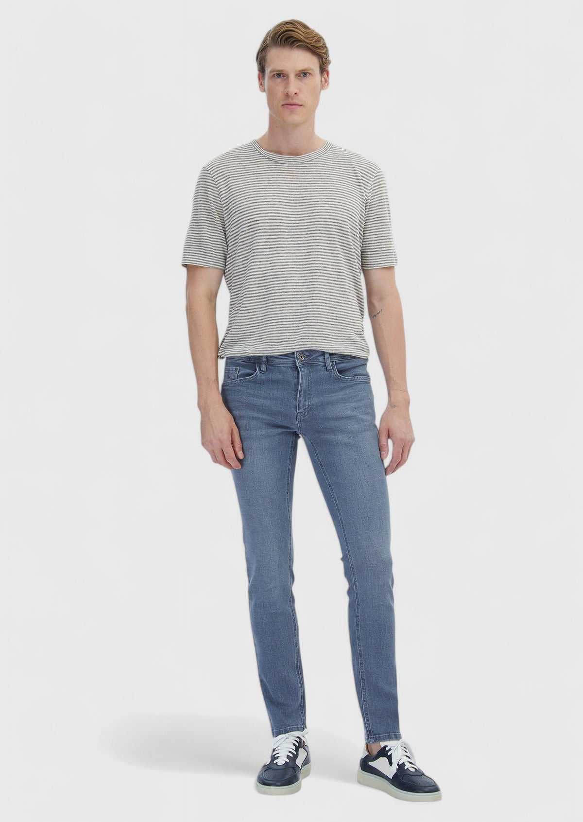 Gri Düz Slim Fit Denim Pamuk Karışımlı Pantolon