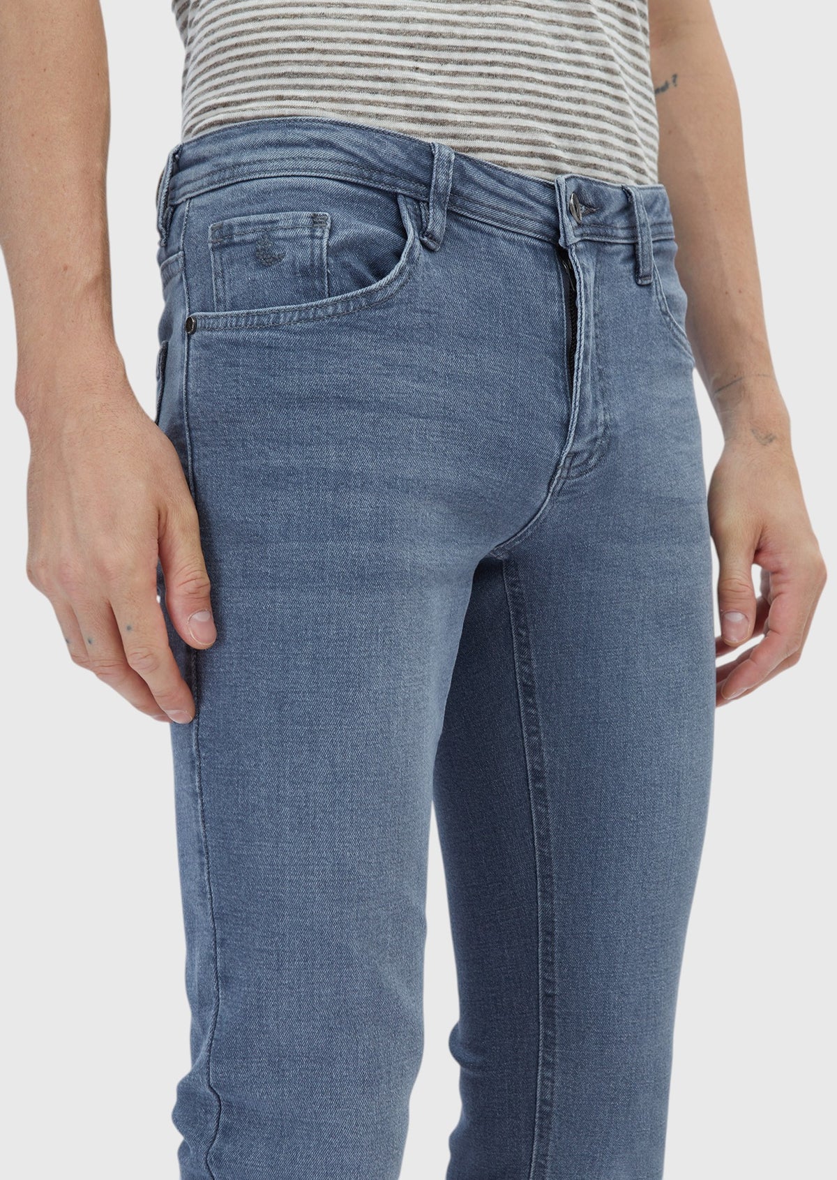 Gri Düz Slim Fit Denim Pamuk Karışımlı Pantolon