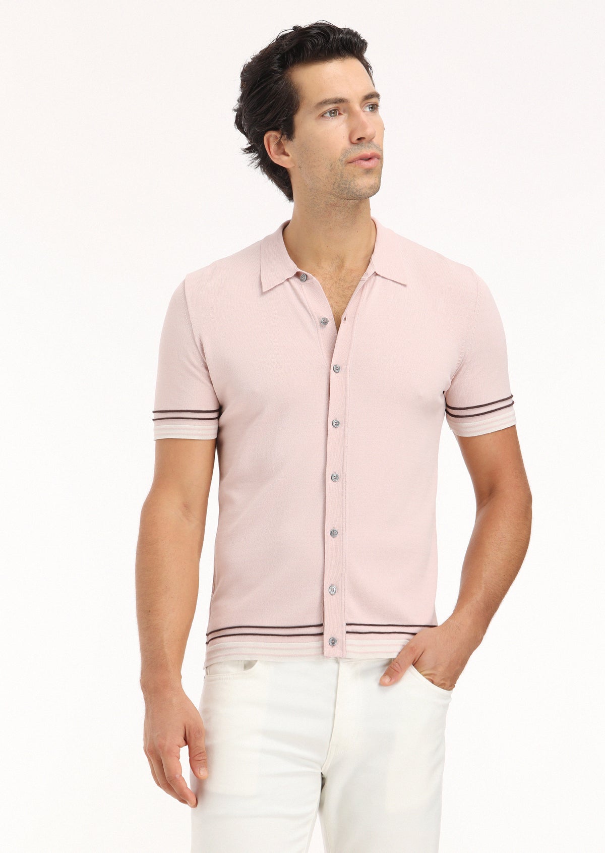Pembe Polo Yaka Düz Örgü Hırka